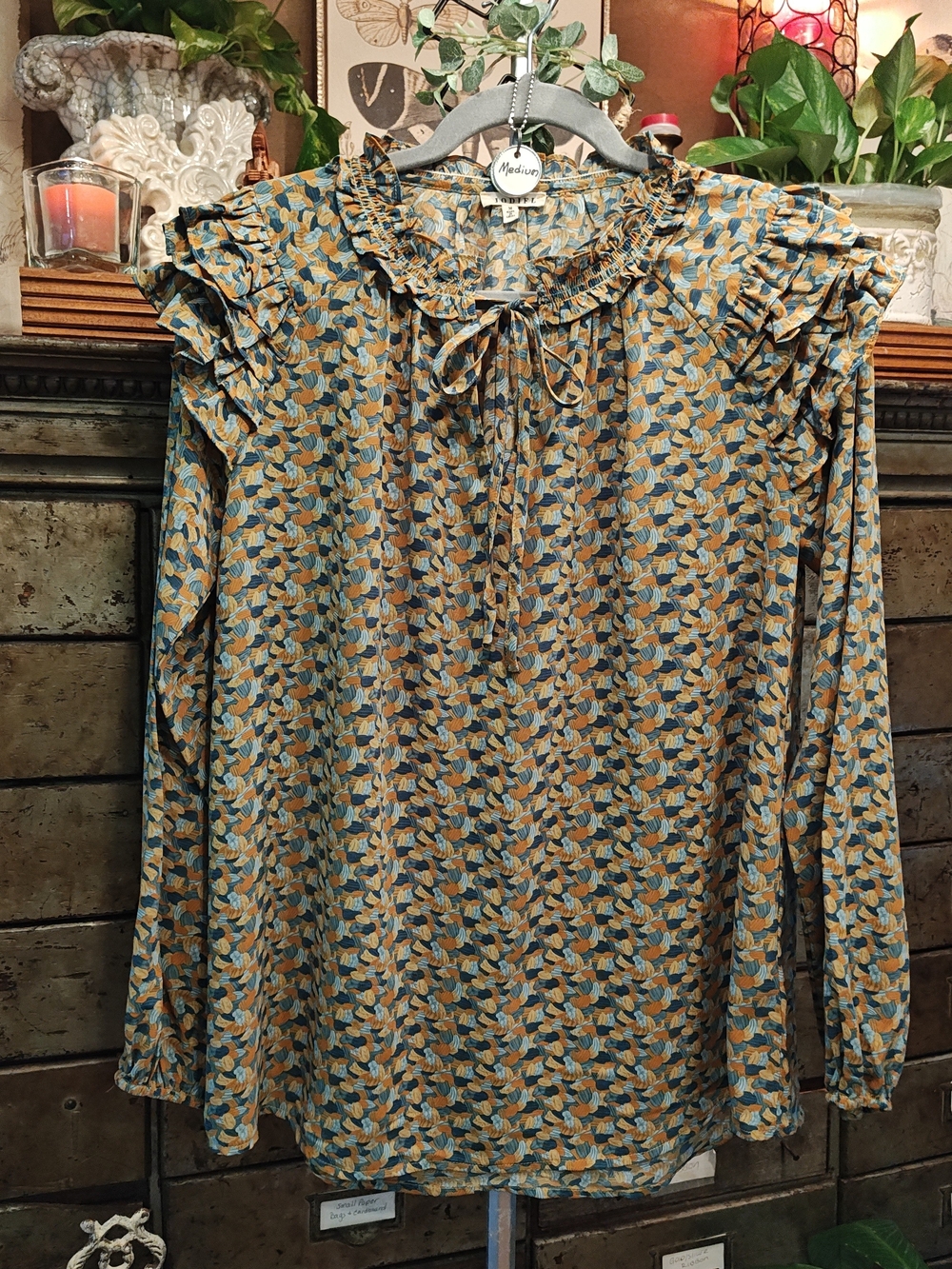 Medium Floral Ruffle Tie-Neck Blouse - Blue & Mustard Jodifl